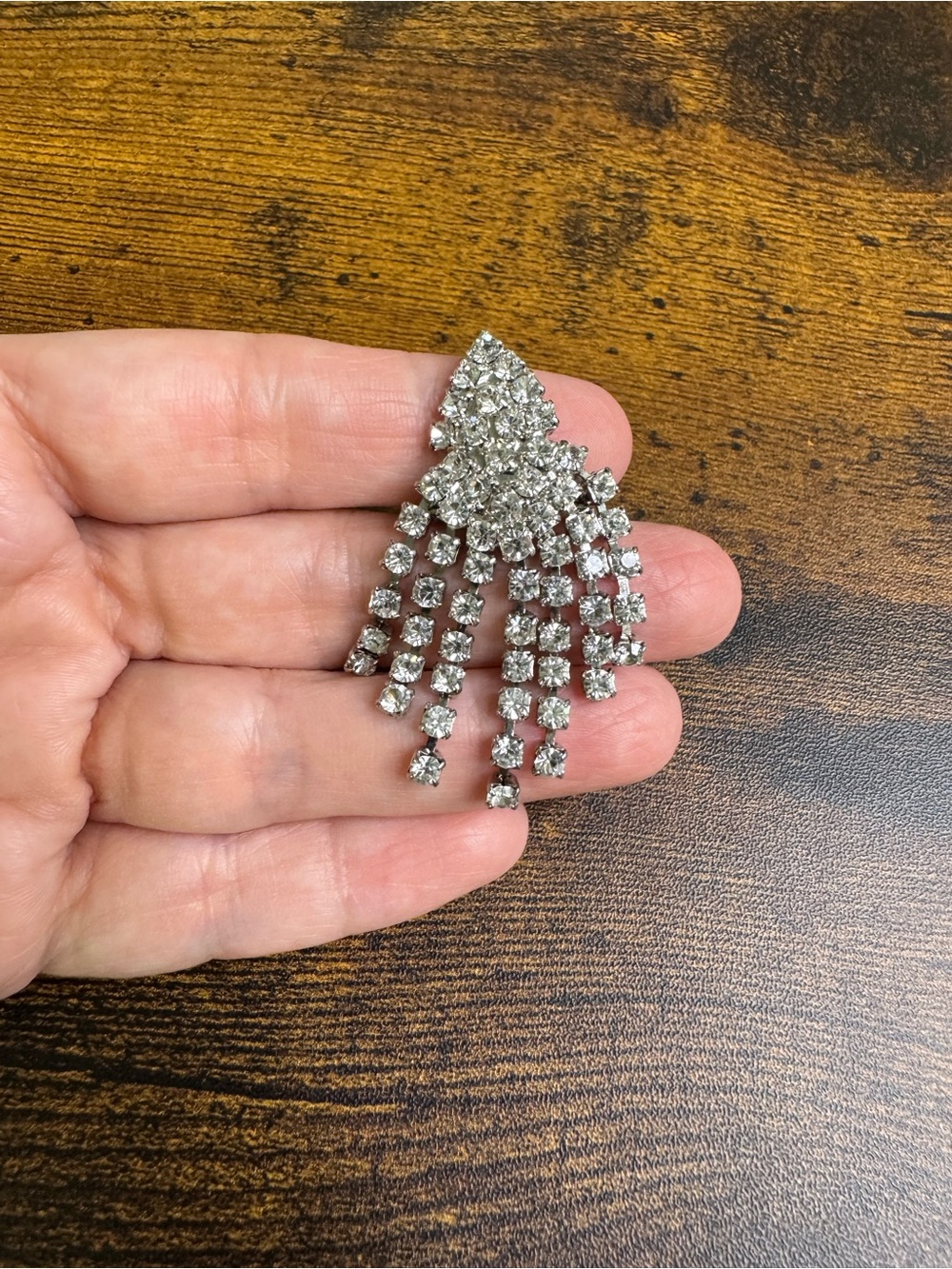 Vintage Rhinestone Fringe Brooch - Clear and Silver Sparkle Art Deco